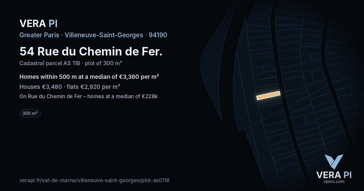 54 Rue du Chemin de Fer, Villeneuve-Saint-Georges at night – the plot lit, the parcels around coloured by the prices near them