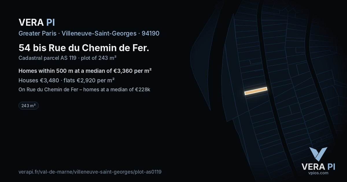 54 bis Rue du Chemin de Fer, Villeneuve-Saint-Georges at night – the plot lit, the parcels around coloured by the prices near them