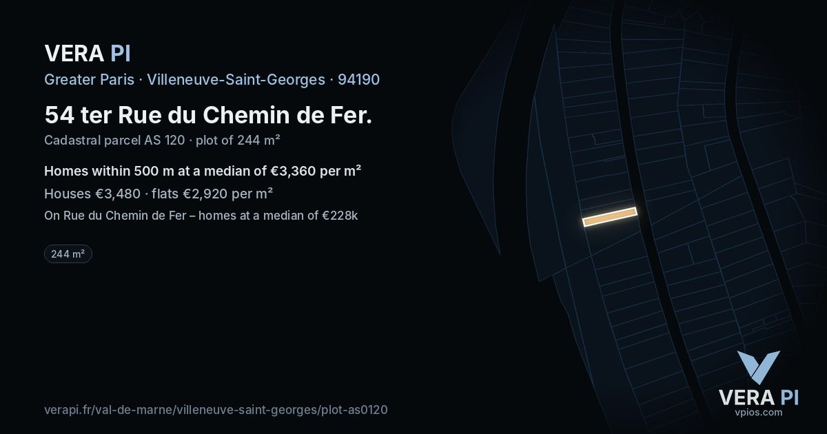 54 ter Rue du Chemin de Fer, Villeneuve-Saint-Georges at night – the plot lit, the parcels around coloured by the prices near them