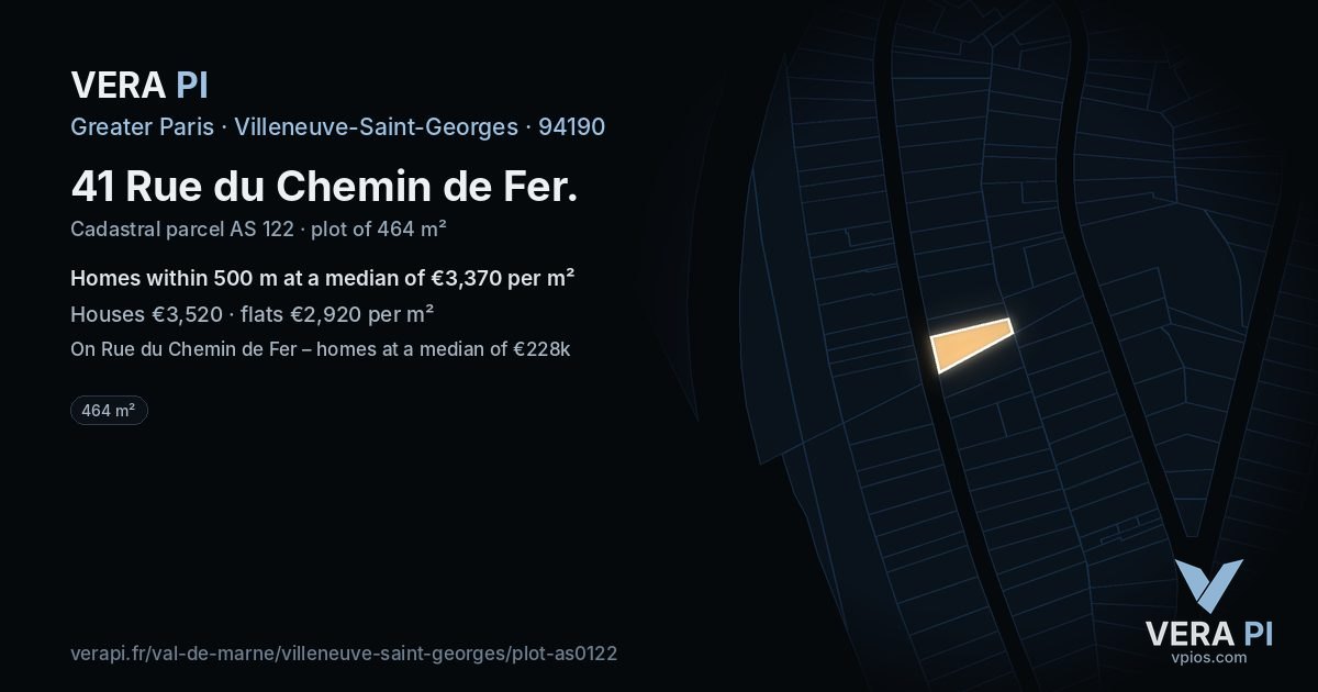 41 Rue du Chemin de Fer, Villeneuve-Saint-Georges at night – the plot lit, the parcels around coloured by the prices near them