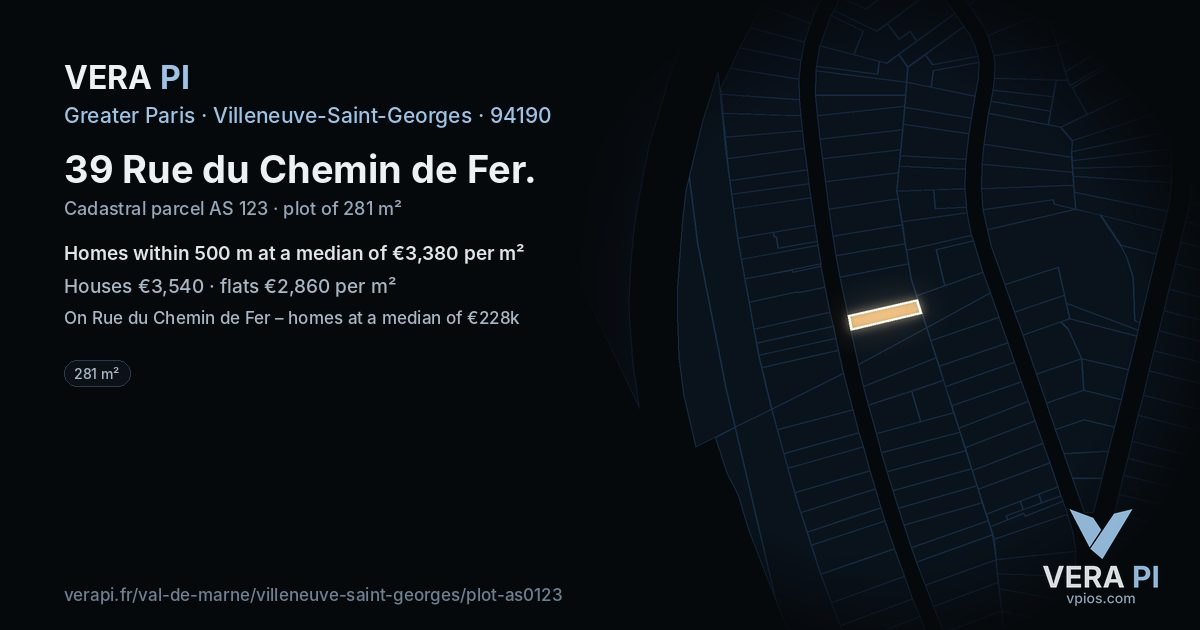 39 Rue du Chemin de Fer, Villeneuve-Saint-Georges at night – the plot lit, the parcels around coloured by the prices near them