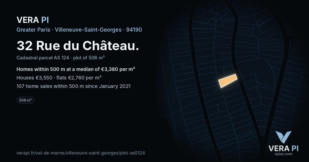 32 Rue du Château, Villeneuve-Saint-Georges at night – the plot lit, the parcels around coloured by the prices near them