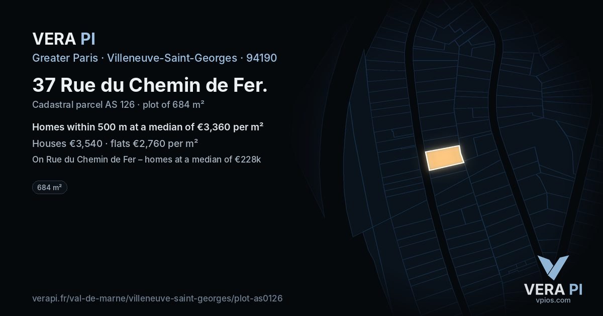 37 Rue du Chemin de Fer, Villeneuve-Saint-Georges at night – the plot lit, the parcels around coloured by the prices near them