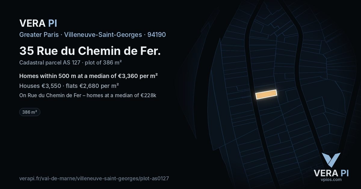 35 Rue du Chemin de Fer, Villeneuve-Saint-Georges at night – the plot lit, the parcels around coloured by the prices near them