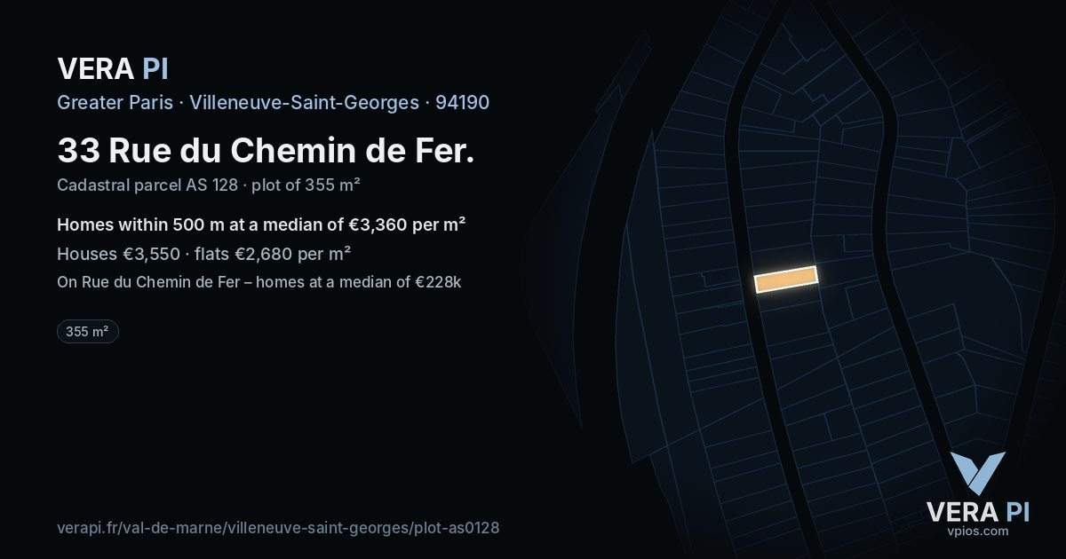 33 Rue du Chemin de Fer, Villeneuve-Saint-Georges at night – the plot lit, the parcels around coloured by the prices near them