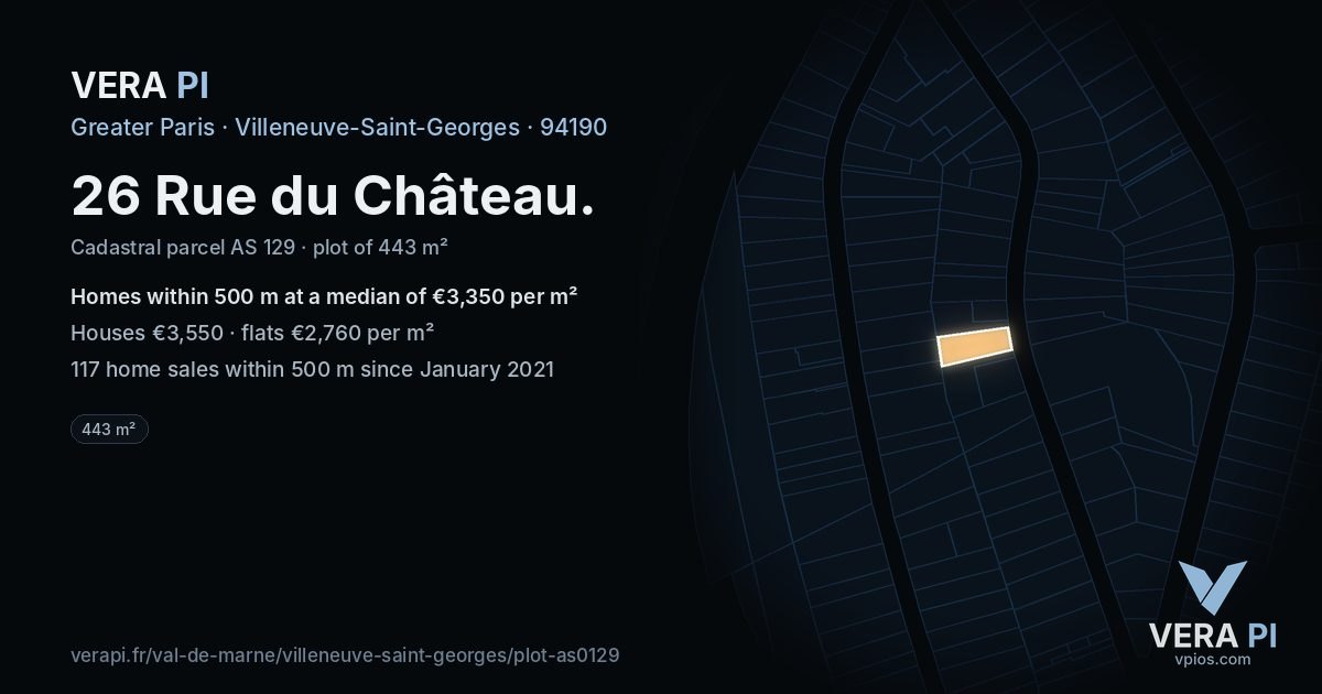 26 Rue du Château, Villeneuve-Saint-Georges at night – the plot lit, the parcels around coloured by the prices near them