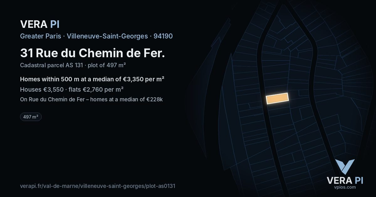 31 Rue du Chemin de Fer, Villeneuve-Saint-Georges at night – the plot lit, the parcels around coloured by the prices near them