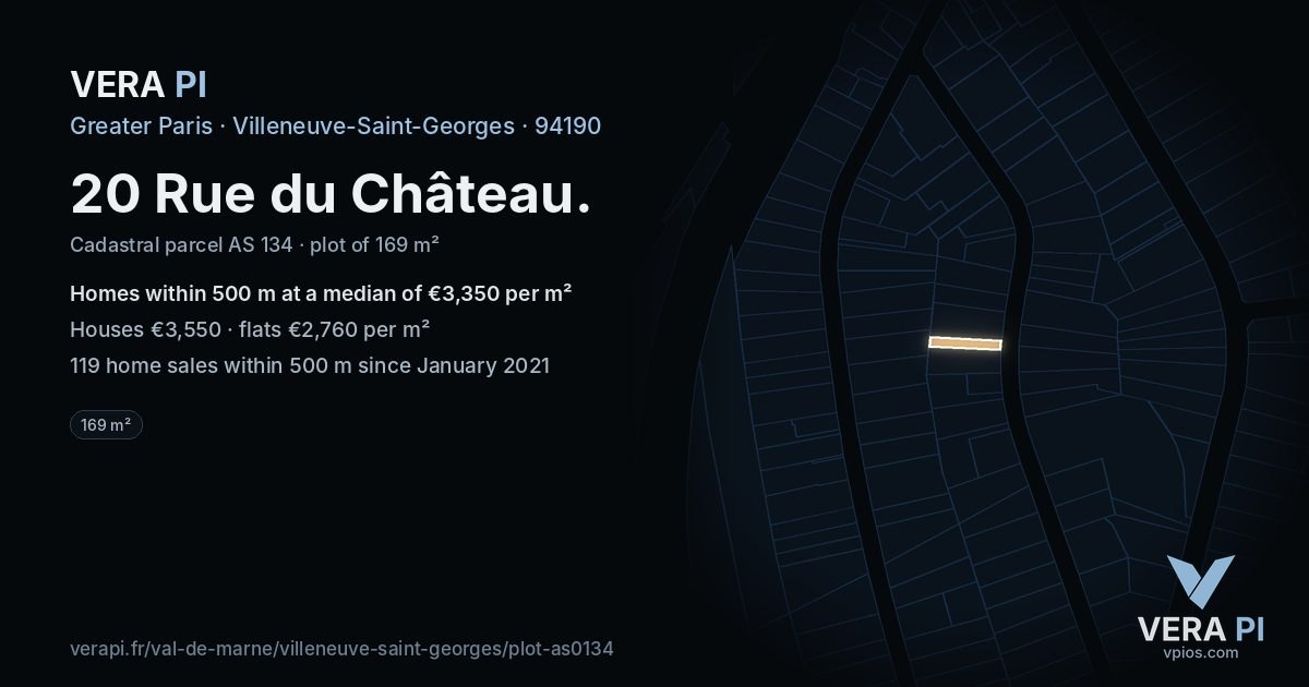 20 Rue du Château, Villeneuve-Saint-Georges at night – the plot lit, the parcels around coloured by the prices near them