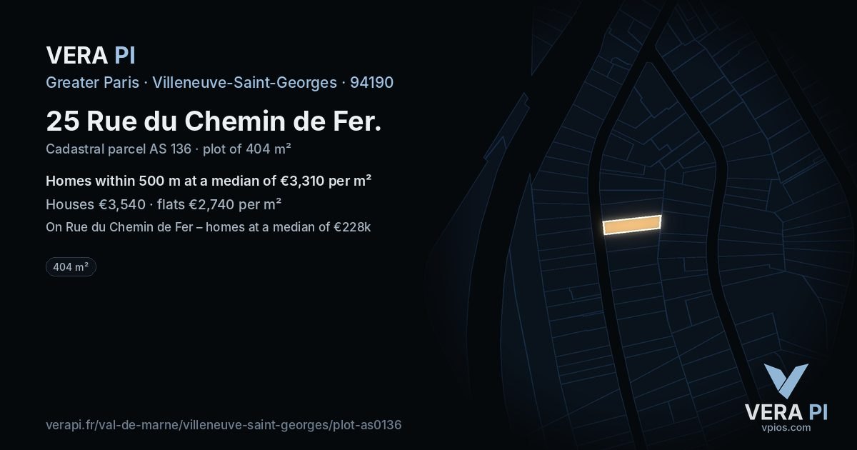 25 Rue du Chemin de Fer, Villeneuve-Saint-Georges at night – the plot lit, the parcels around coloured by the prices near them