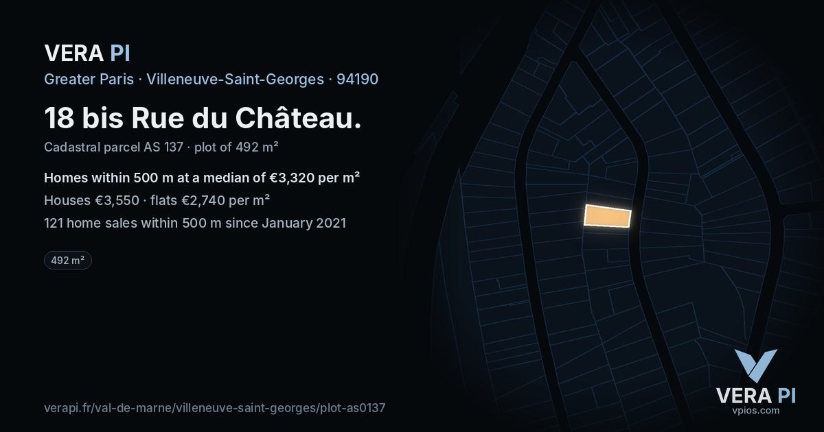 18 bis Rue du Château, Villeneuve-Saint-Georges at night – the plot lit, the parcels around coloured by the prices near them