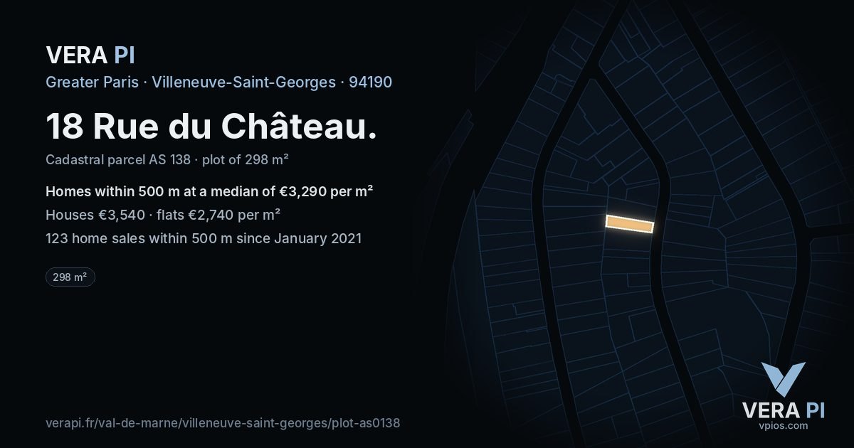 18 Rue du Château, Villeneuve-Saint-Georges at night – the plot lit, the parcels around coloured by the prices near them