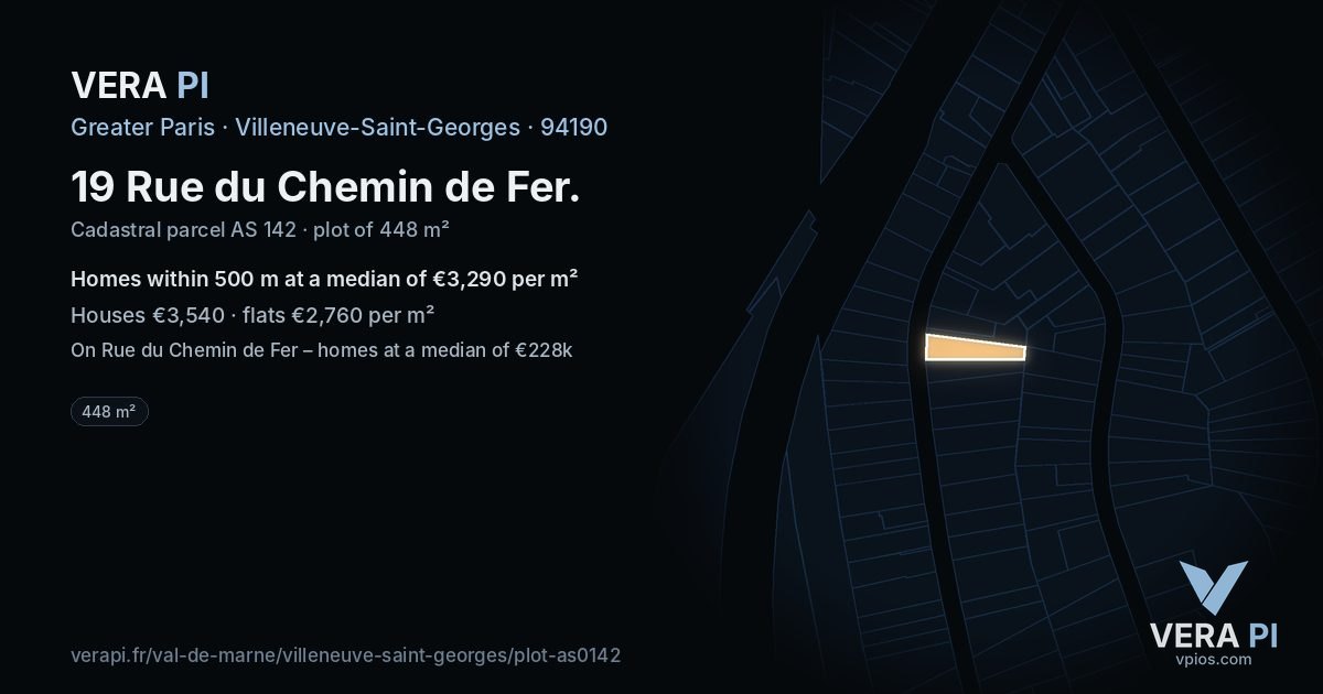 19 Rue du Chemin de Fer, Villeneuve-Saint-Georges at night – the plot lit, the parcels around coloured by the prices near them