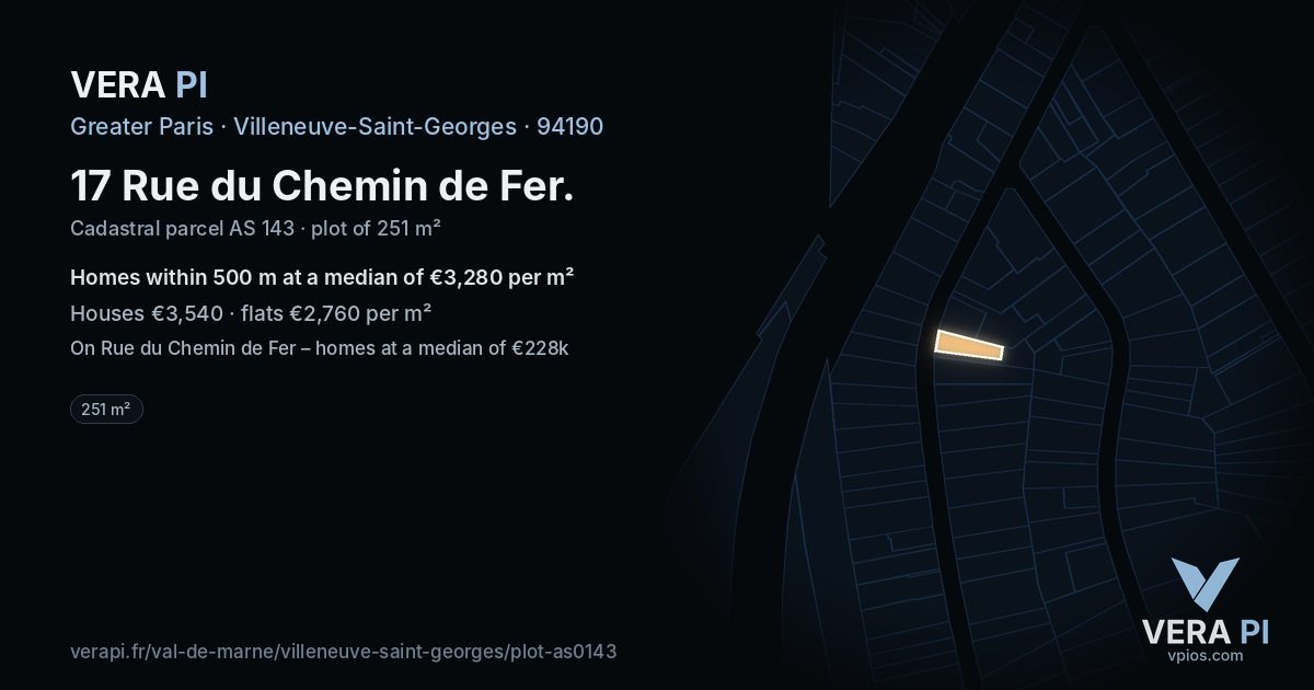 17 Rue du Chemin de Fer, Villeneuve-Saint-Georges at night – the plot lit, the parcels around coloured by the prices near them