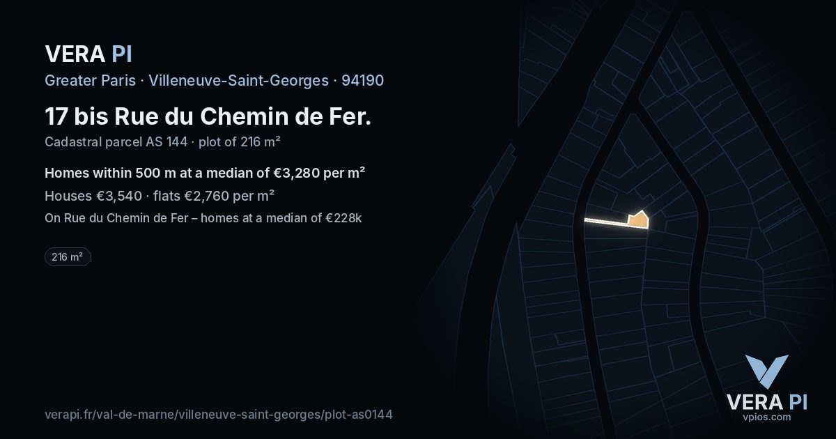 17 bis Rue du Chemin de Fer, Villeneuve-Saint-Georges at night – the plot lit, the parcels around coloured by the prices near them