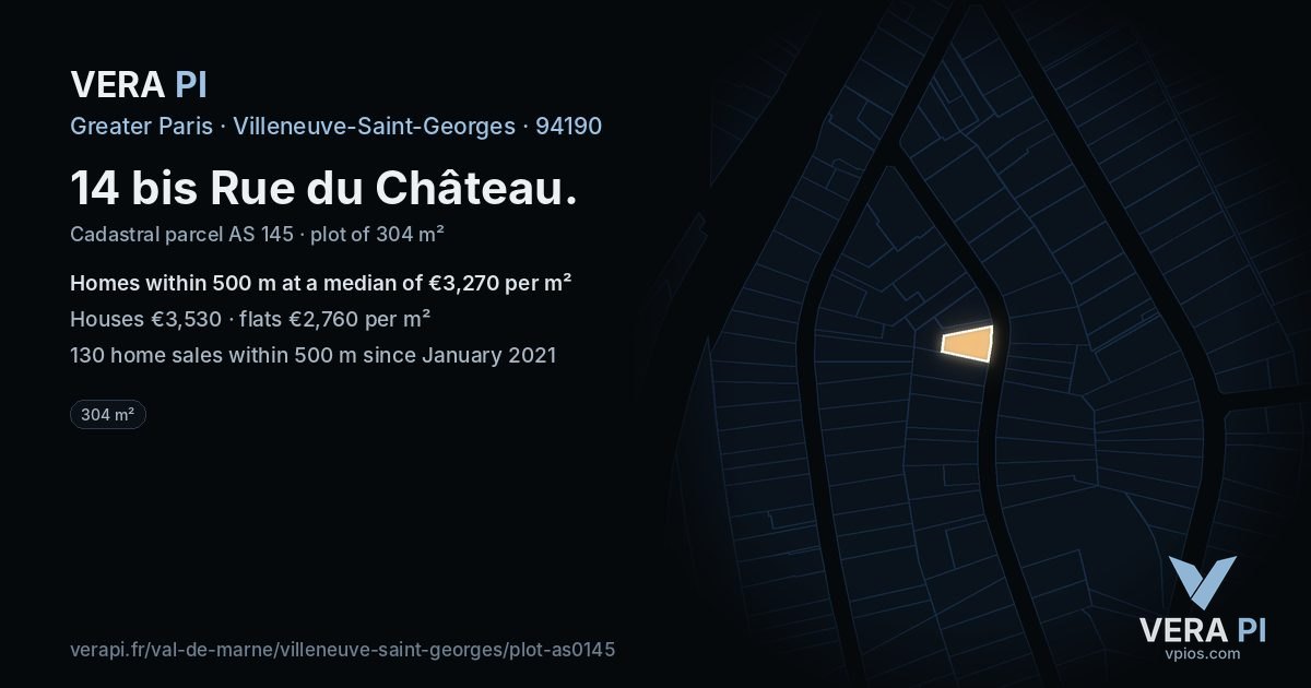 14 bis Rue du Château, Villeneuve-Saint-Georges at night – the plot lit, the parcels around coloured by the prices near them