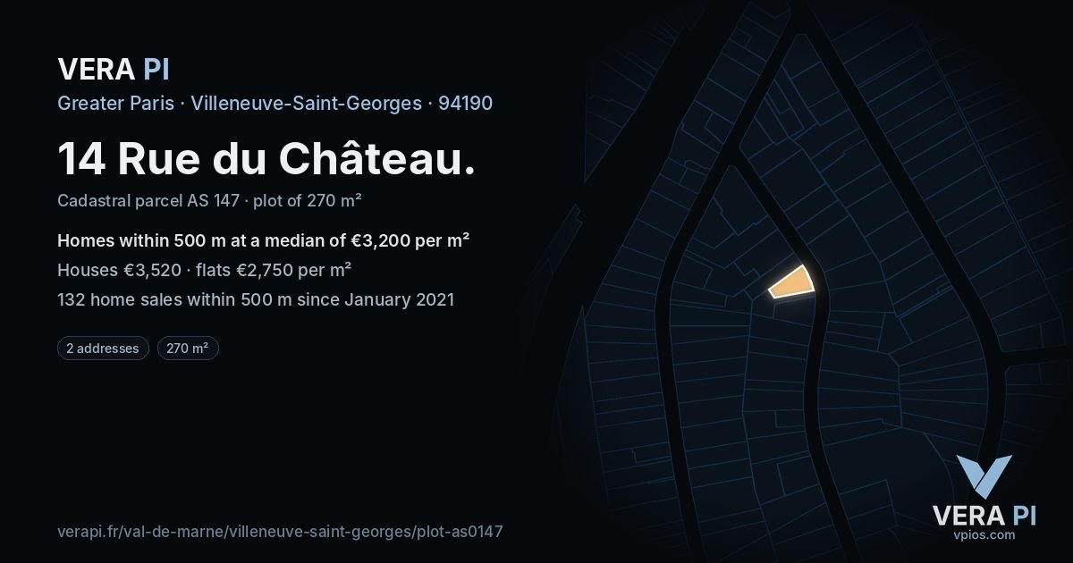 14 Rue du Château, Villeneuve-Saint-Georges at night – the plot lit, the parcels around coloured by the prices near them