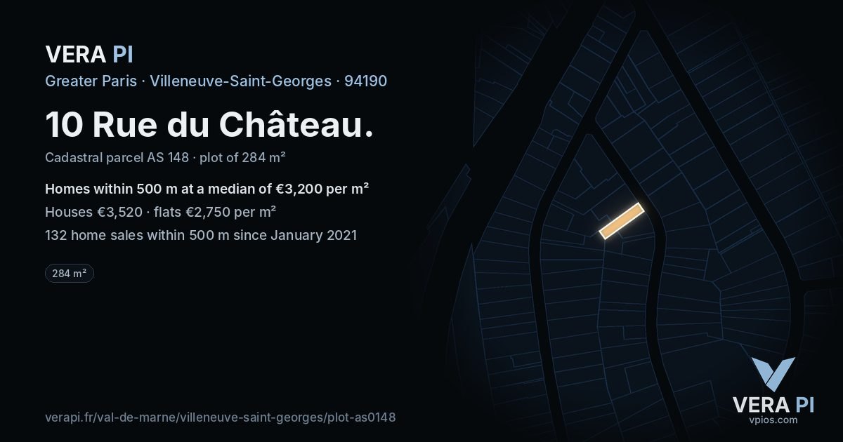 10 Rue du Château, Villeneuve-Saint-Georges at night – the plot lit, the parcels around coloured by the prices near them