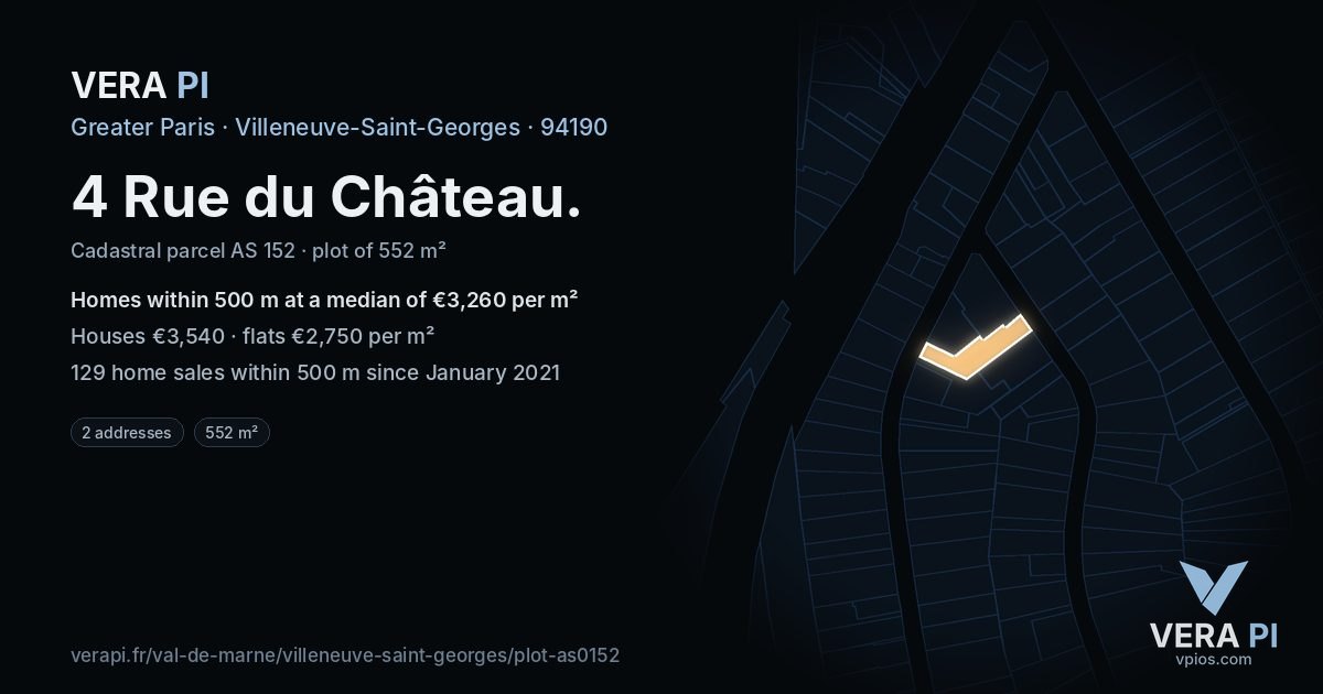 4 Rue du Château, Villeneuve-Saint-Georges at night – the plot lit, the parcels around coloured by the prices near them