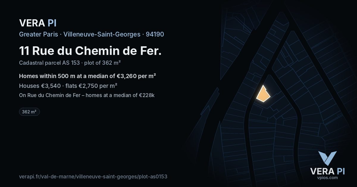11 Rue du Chemin de Fer, Villeneuve-Saint-Georges at night – the plot lit, the parcels around coloured by the prices near them