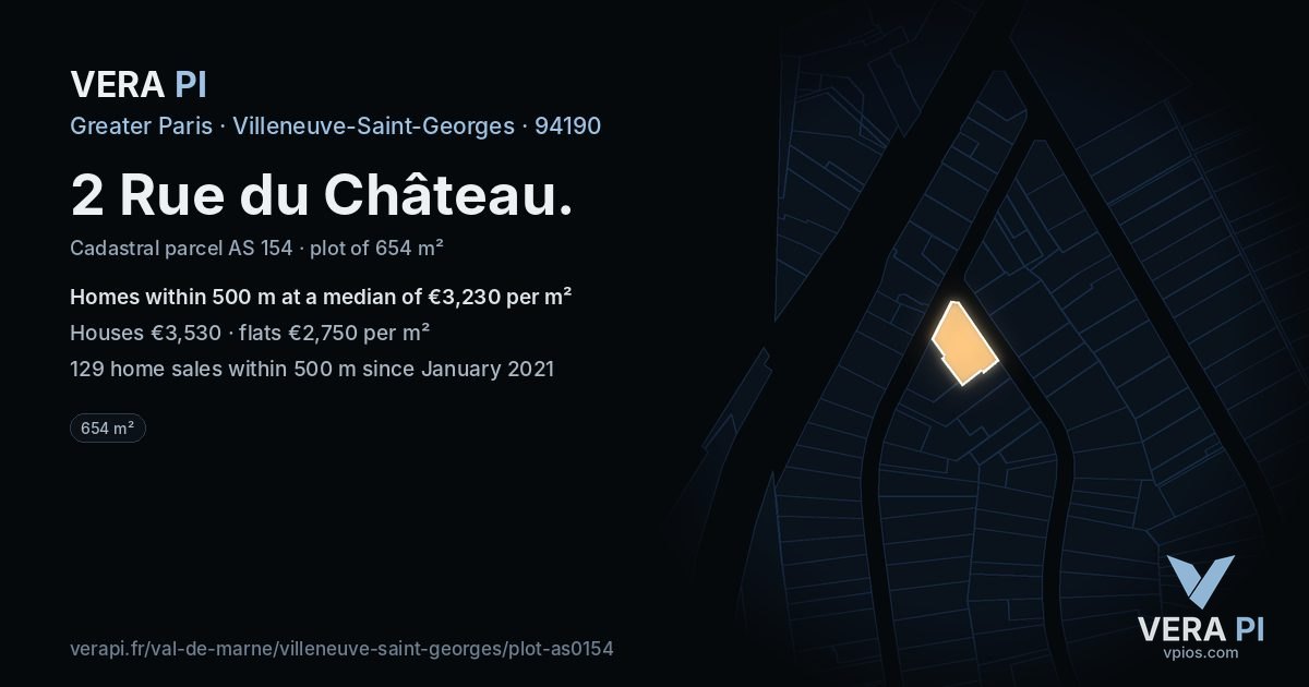 2 Rue du Château, Villeneuve-Saint-Georges at night – the plot lit, the parcels around coloured by the prices near them