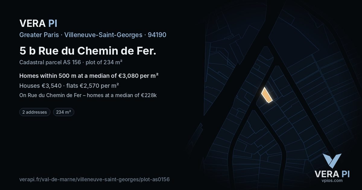 5 b Rue du Chemin de Fer, Villeneuve-Saint-Georges at night – the plot lit, the parcels around coloured by the prices near them