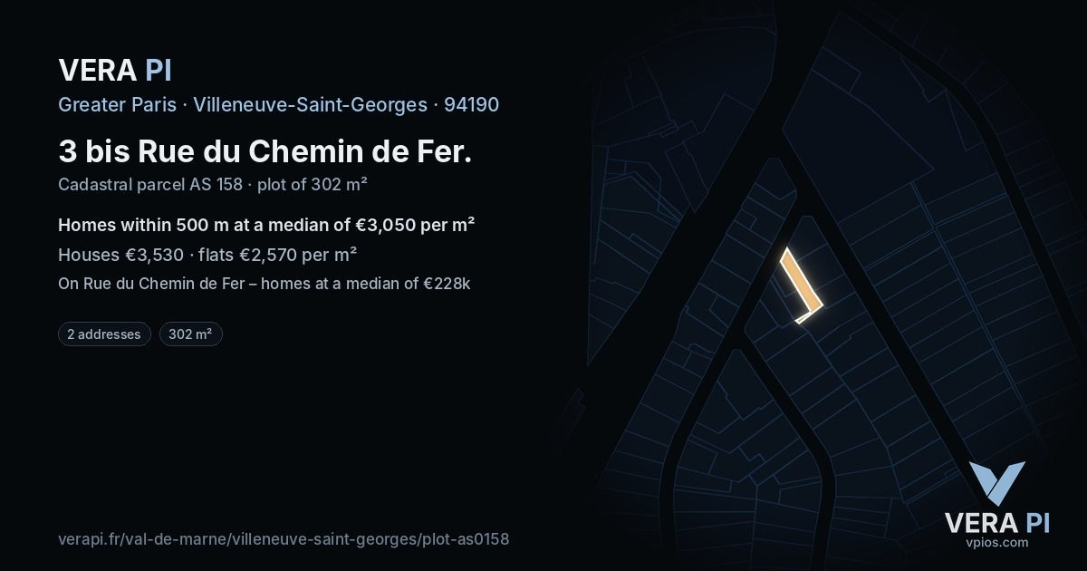 3 bis Rue du Chemin de Fer, Villeneuve-Saint-Georges at night – the plot lit, the parcels around coloured by the prices near them