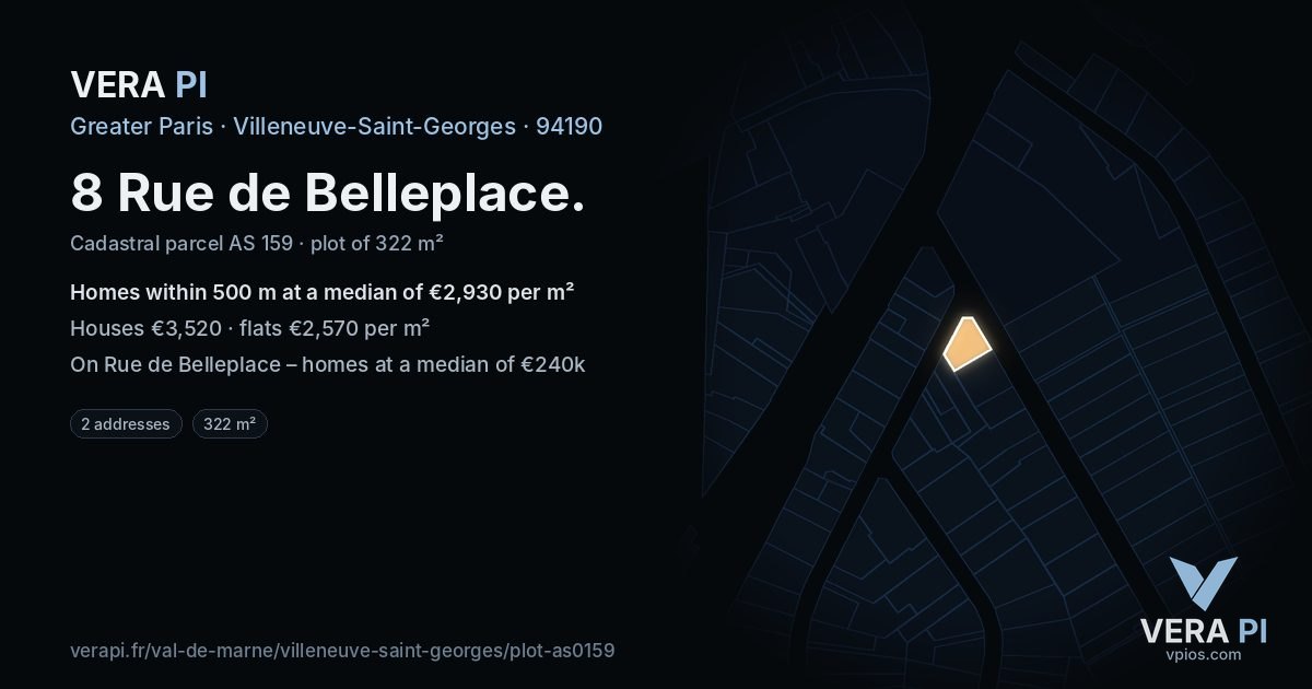 8 Rue de Belleplace, Villeneuve-Saint-Georges at night – the plot lit, the parcels around coloured by the prices near them