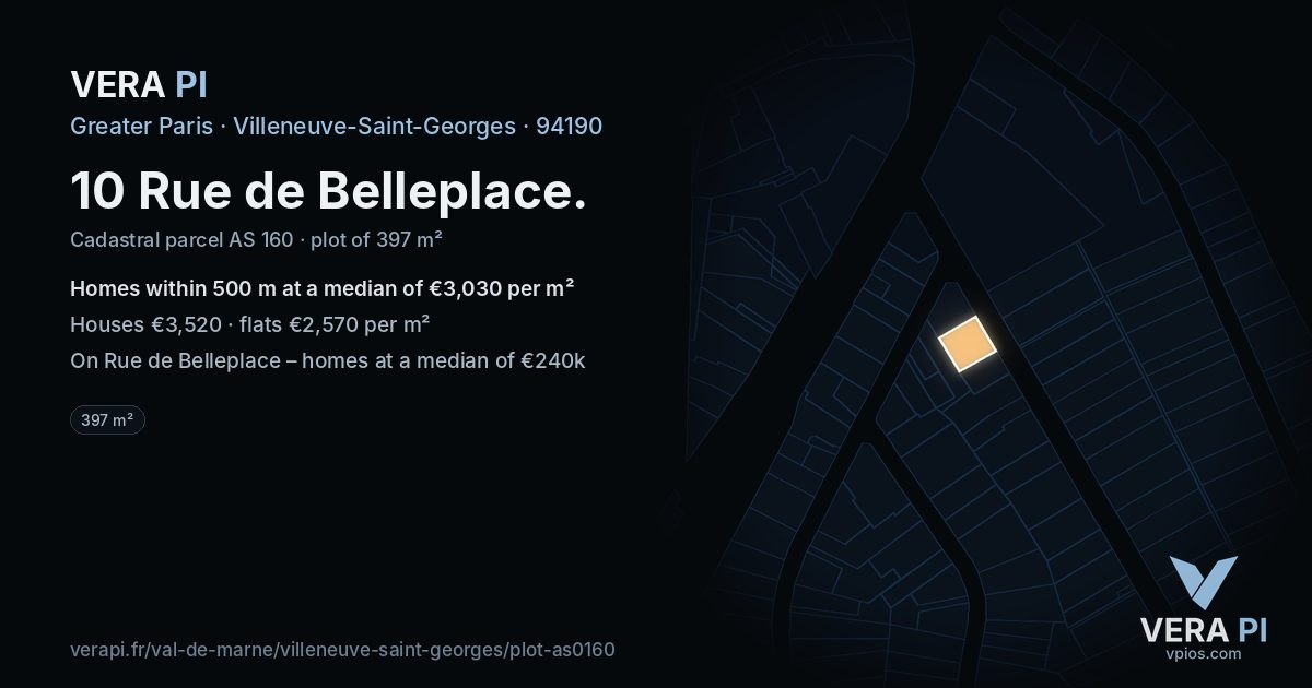 10 Rue de Belleplace, Villeneuve-Saint-Georges at night – the plot lit, the parcels around coloured by the prices near them