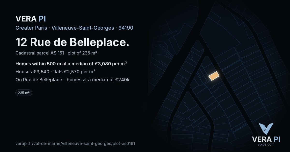 12 Rue de Belleplace, Villeneuve-Saint-Georges at night – the plot lit, the parcels around coloured by the prices near them