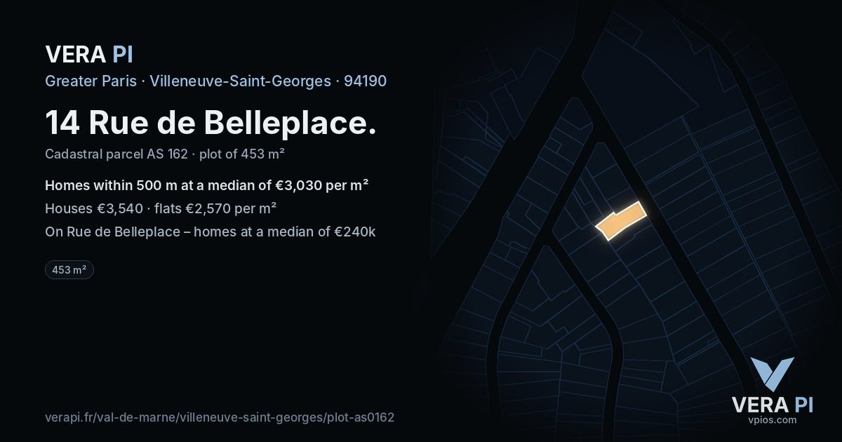 14 Rue de Belleplace, Villeneuve-Saint-Georges at night – the plot lit, the parcels around coloured by the prices near them