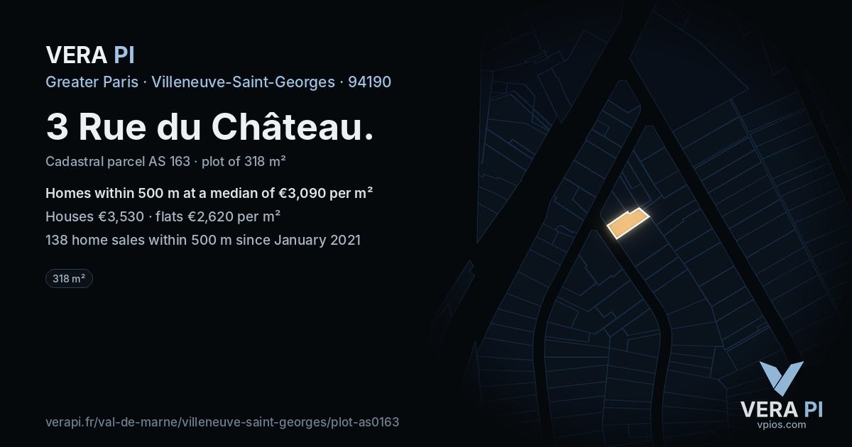 3 Rue du Château, Villeneuve-Saint-Georges at night – the plot lit, the parcels around coloured by the prices near them
