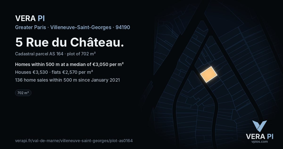 5 Rue du Château, Villeneuve-Saint-Georges at night – the plot lit, the parcels around coloured by the prices near them