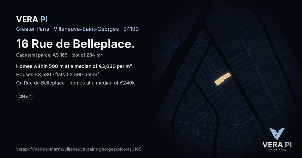 16 Rue de Belleplace, Villeneuve-Saint-Georges at night – the plot lit, the parcels around coloured by the prices near them