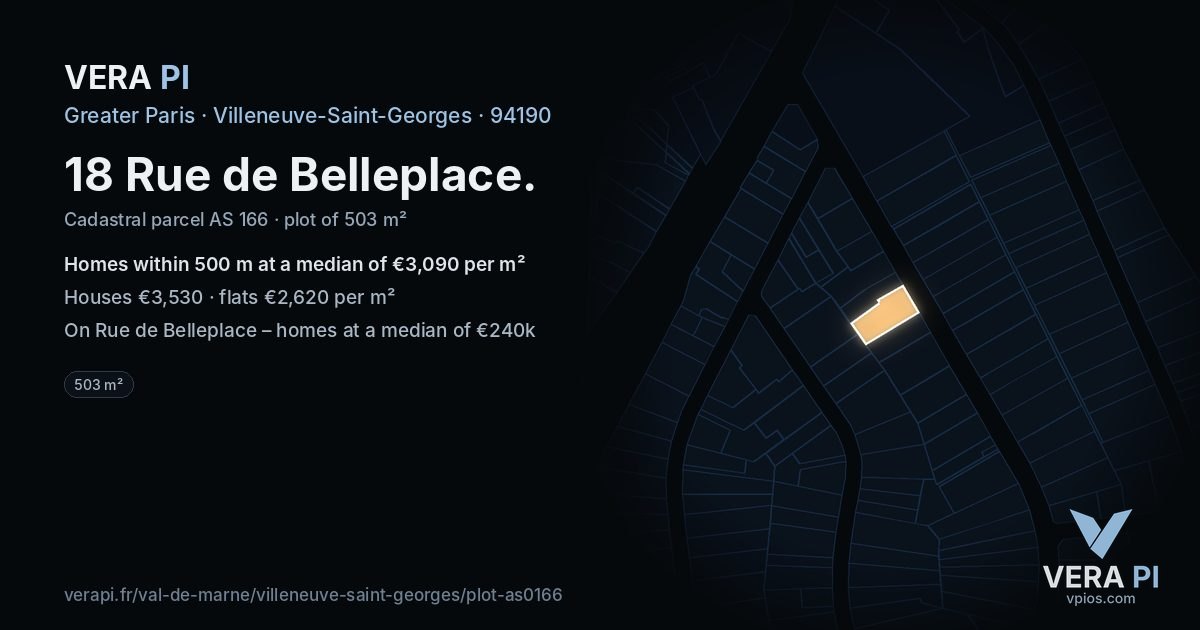18 Rue de Belleplace, Villeneuve-Saint-Georges at night – the plot lit, the parcels around coloured by the prices near them