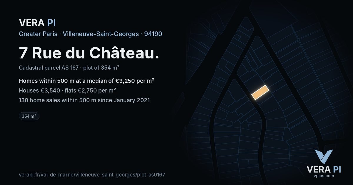 7 Rue du Château, Villeneuve-Saint-Georges at night – the plot lit, the parcels around coloured by the prices near them