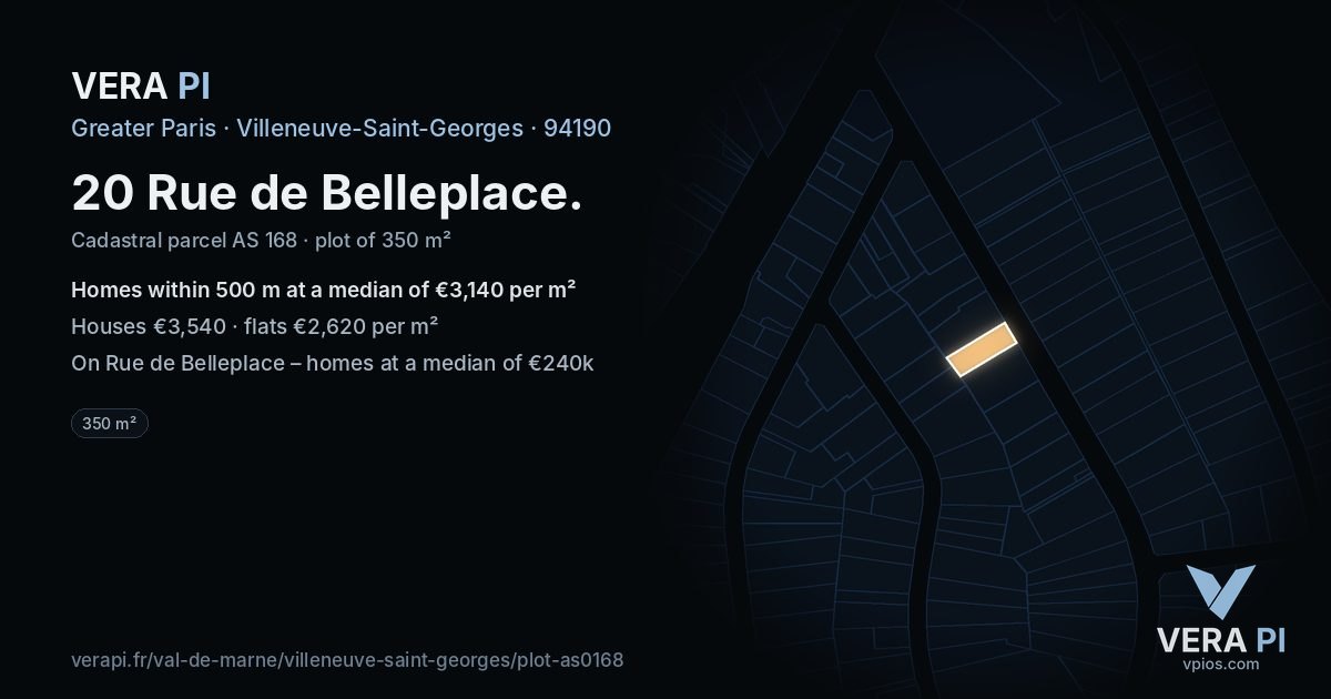 20 Rue de Belleplace, Villeneuve-Saint-Georges at night – the plot lit, the parcels around coloured by the prices near them