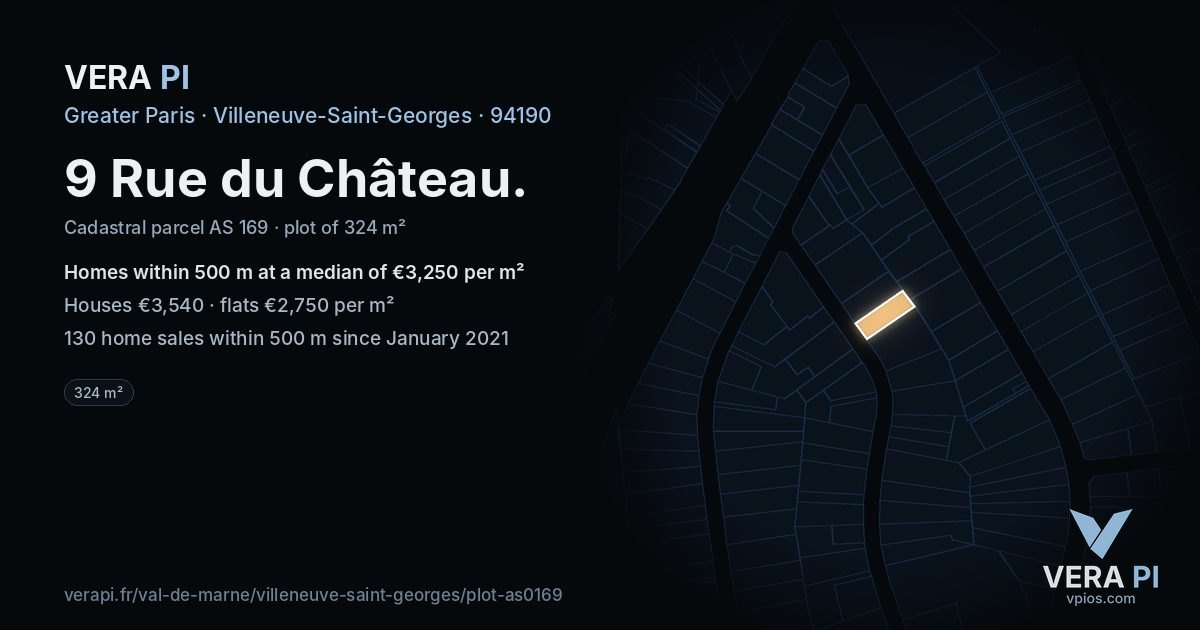 9 Rue du Château, Villeneuve-Saint-Georges at night – the plot lit, the parcels around coloured by the prices near them