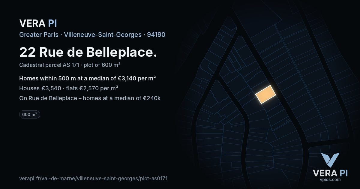 22 Rue de Belleplace, Villeneuve-Saint-Georges at night – the plot lit, the parcels around coloured by the prices near them