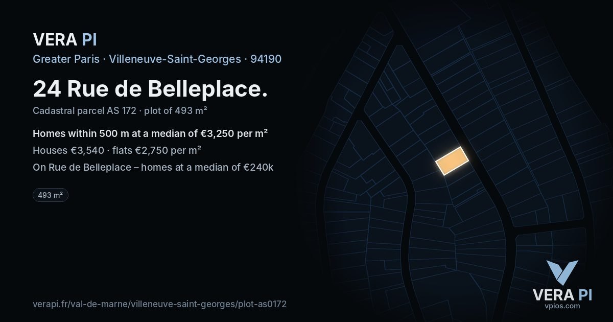 24 Rue de Belleplace, Villeneuve-Saint-Georges at night – the plot lit, the parcels around coloured by the prices near them
