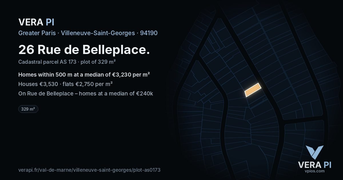 26 Rue de Belleplace, Villeneuve-Saint-Georges at night – the plot lit, the parcels around coloured by the prices near them