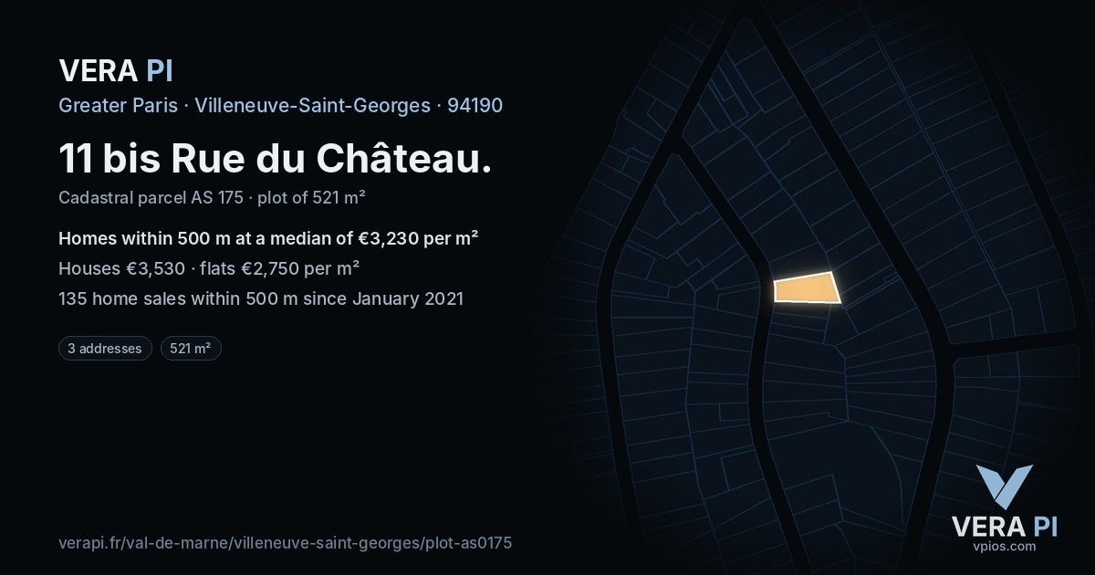 11 bis Rue du Château, Villeneuve-Saint-Georges at night – the plot lit, the parcels around coloured by the prices near them