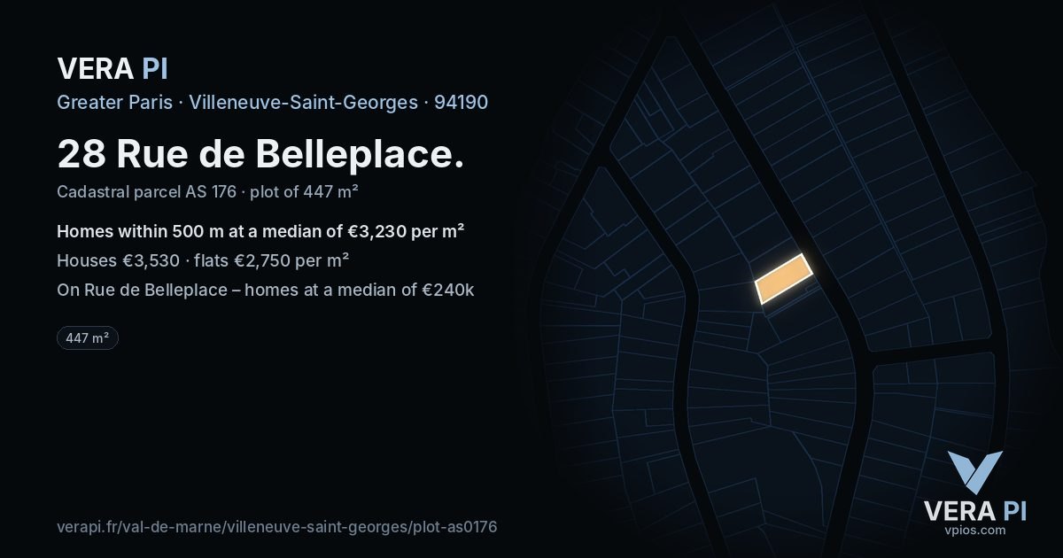28 Rue de Belleplace, Villeneuve-Saint-Georges at night – the plot lit, the parcels around coloured by the prices near them