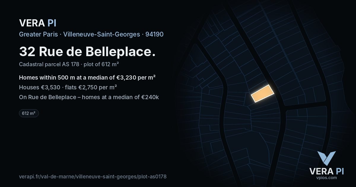 32 Rue de Belleplace, Villeneuve-Saint-Georges at night – the plot lit, the parcels around coloured by the prices near them