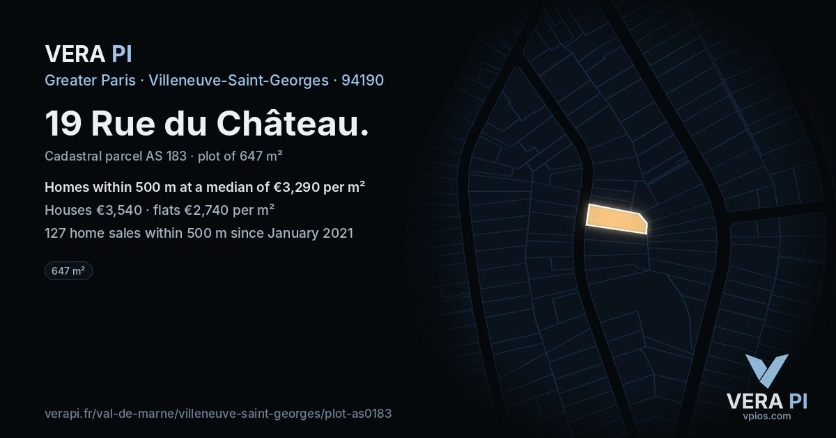 19 Rue du Château, Villeneuve-Saint-Georges at night – the plot lit, the parcels around coloured by the prices near them