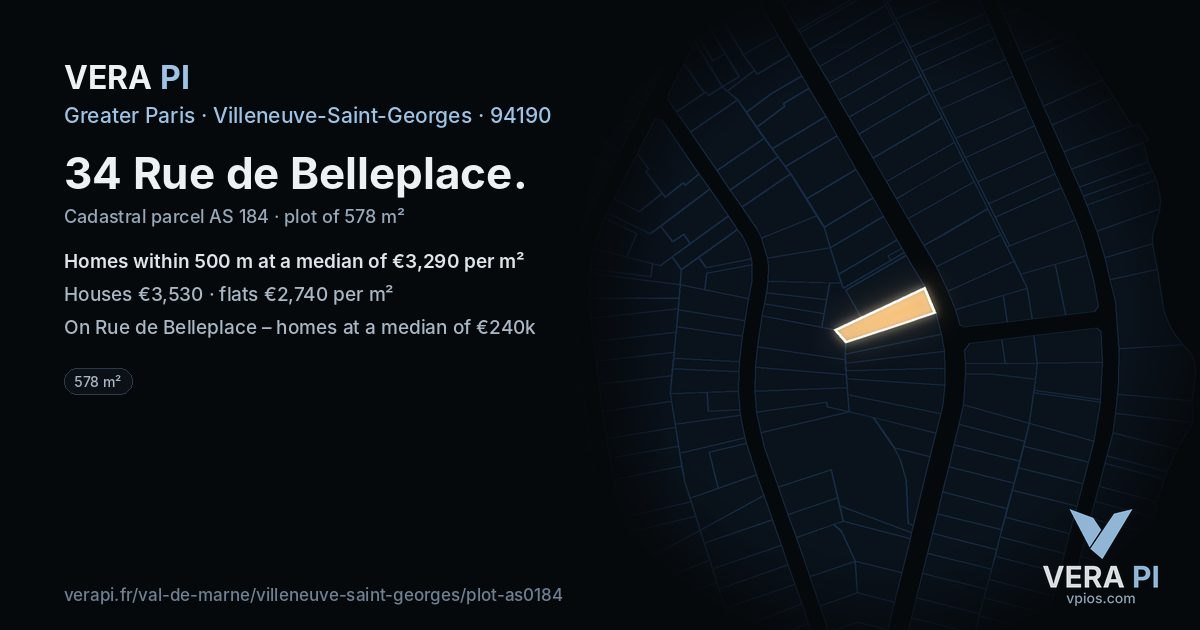 34 Rue de Belleplace, Villeneuve-Saint-Georges at night – the plot lit, the parcels around coloured by the prices near them