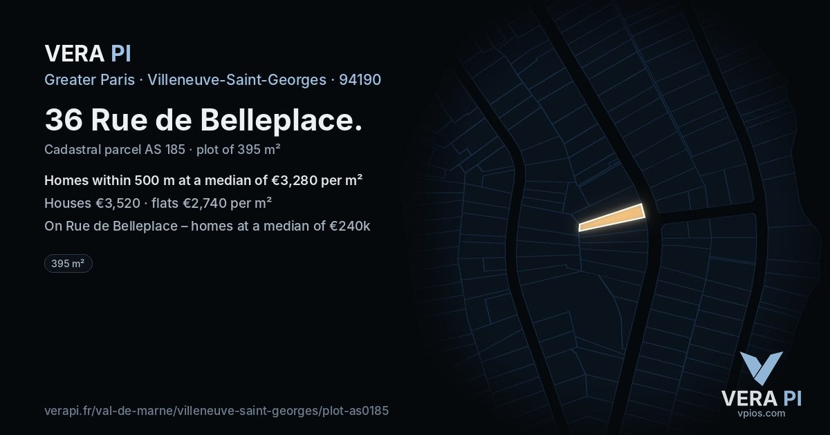 36 Rue de Belleplace, Villeneuve-Saint-Georges at night – the plot lit, the parcels around coloured by the prices near them