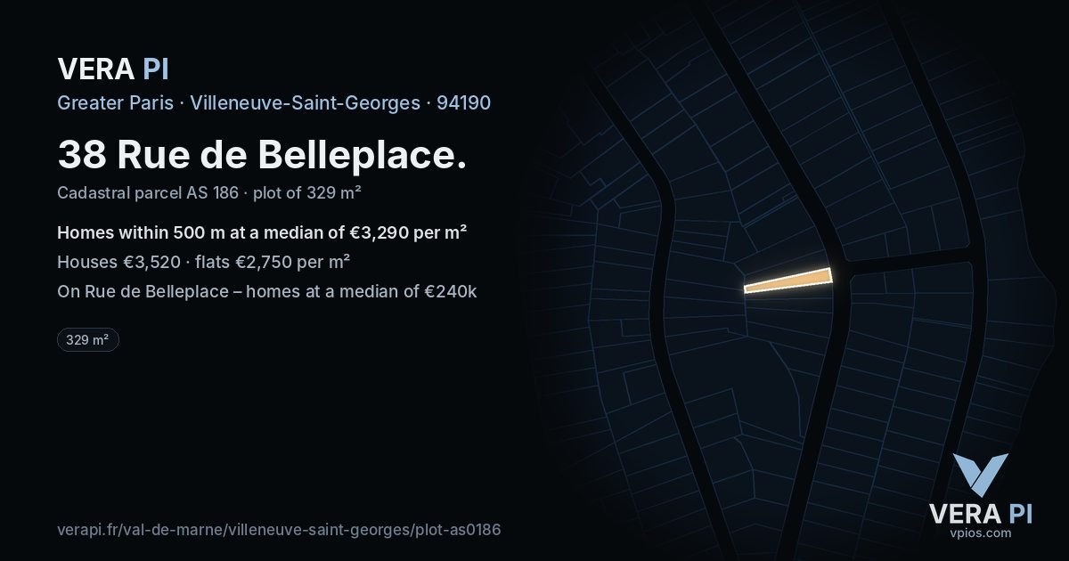 38 Rue de Belleplace, Villeneuve-Saint-Georges at night – the plot lit, the parcels around coloured by the prices near them