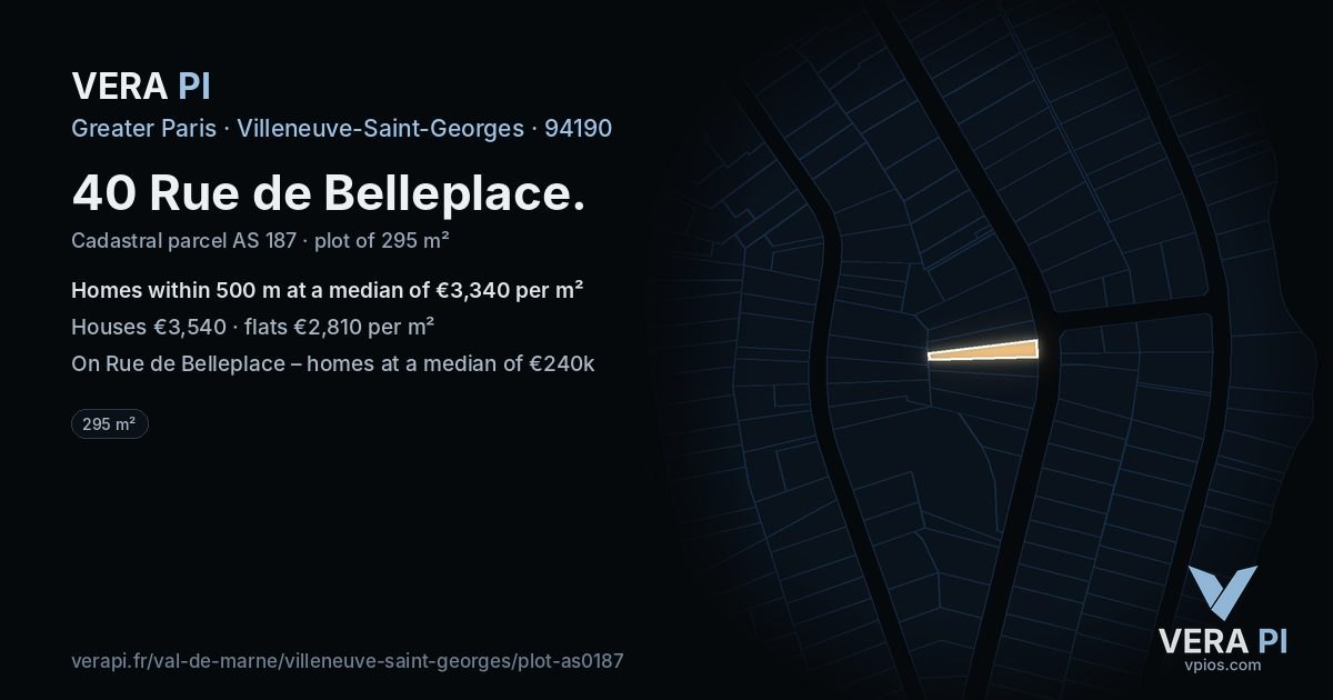 40 Rue de Belleplace, Villeneuve-Saint-Georges at night – the plot lit, the parcels around coloured by the prices near them