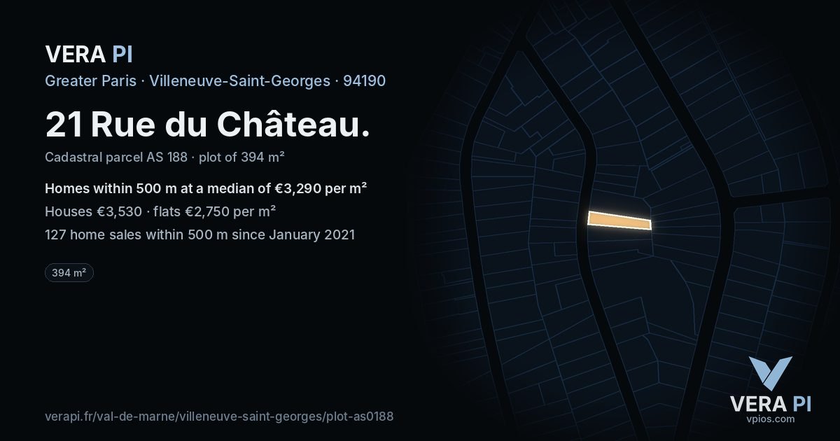 21 Rue du Château, Villeneuve-Saint-Georges at night – the plot lit, the parcels around coloured by the prices near them