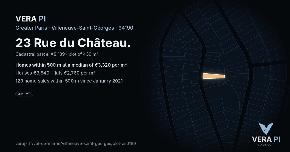 23 Rue du Château, Villeneuve-Saint-Georges at night – the plot lit, the parcels around coloured by the prices near them